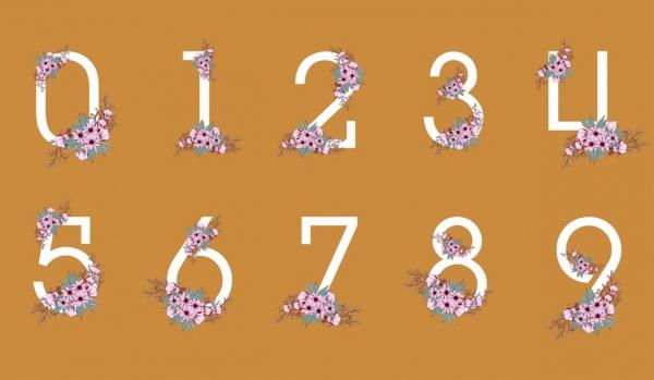 numberal icons design elements pink flowers decoration