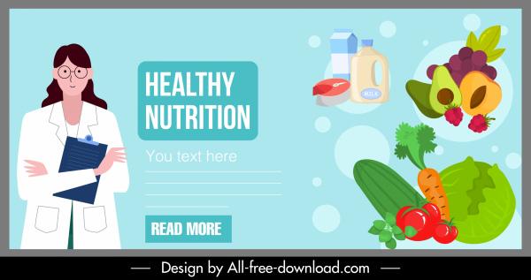 nutrition food banner doctor vegetable fruits dairy sketch