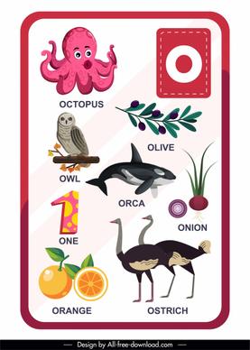 o alphabet education template animal plants number sketch