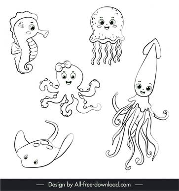 ocean animals icons cute black white handdrawn cartoon outline 