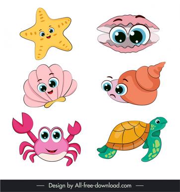 ocean animals icons cute stylized cartoon sketch