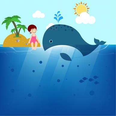 ocean background big whale little girl island icons