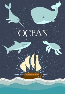 ocean background sea animals ship icons cartoon design