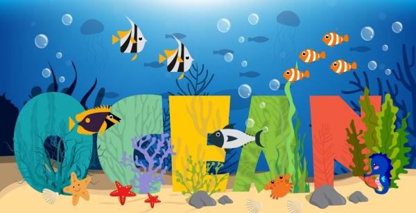 ocean background seabed fish icons texts decoration