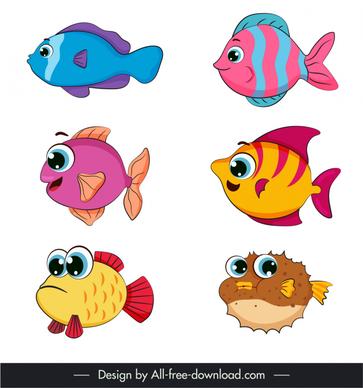 ocean creatures icons cute fish species sketch cartoon design 