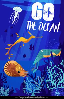 ocean poster template dynamic sea species flat design