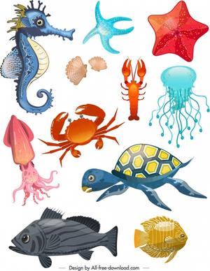 ocean species design elements multicolored animals icons