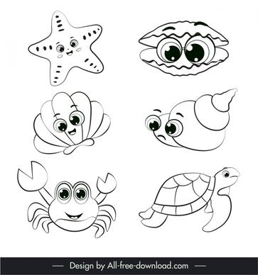 ocean species icons flat black white handdrawn outline cute stylized cartoon