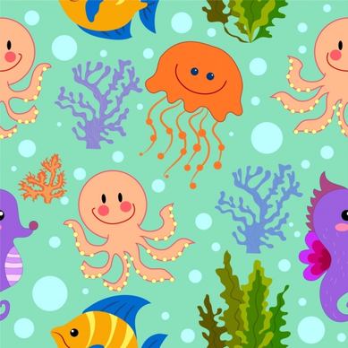 octopus jelly fish coral fish background repeating design