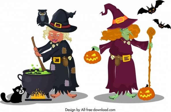 old horror witch icons colored cartoon character sketch
