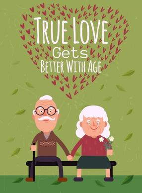 old love banner elderly couple icons hearts decoration