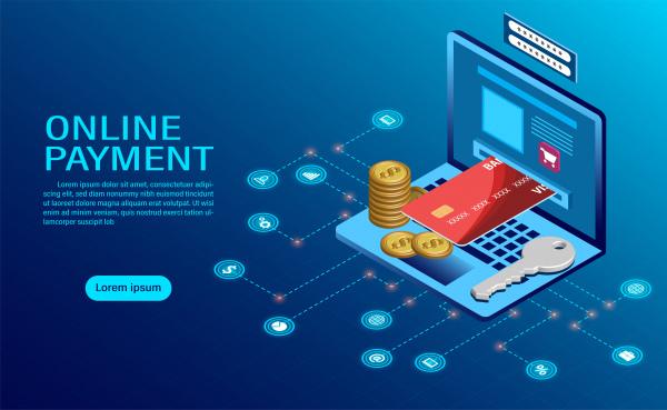 online payment with computer protection of money in laptop transactions modern flat design isometric illustration