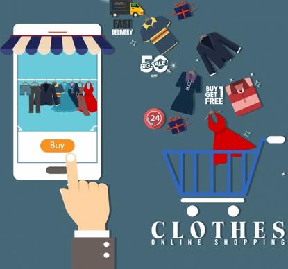 online shopping advertisement smartphone hand clothes trolley icons