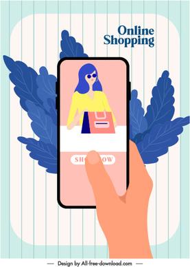 online shopping advertising banner smartphone leaves application sketch
