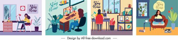 online work banners colorful cartoon sketch