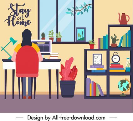 online working banner home work space cartoon sketch