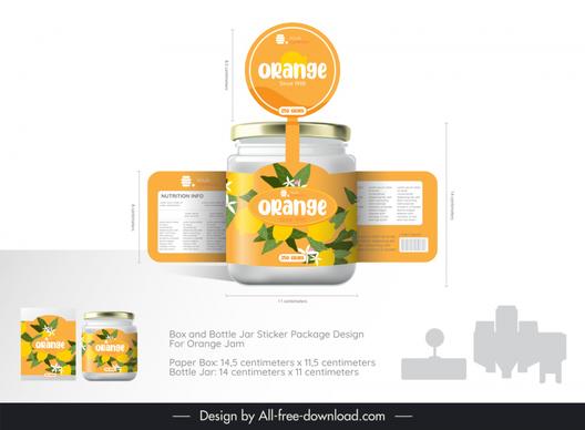orange jam box and bottle jar sticker package template modern elegant flower fruits leaves decor