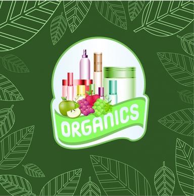 organic cosmetic advertisement green leaves backdrop fruit icons