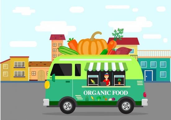organic food advertising truck fruit icons colored cartoon
