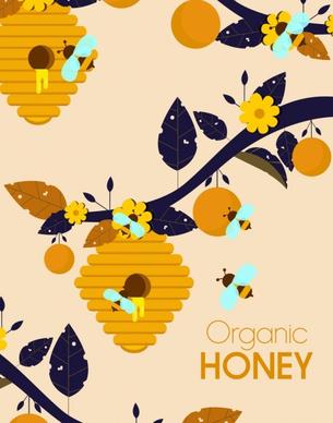 organic honey background beehive flower branch icons