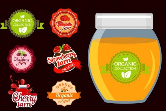 organic jam advertisement various fruit seals icons