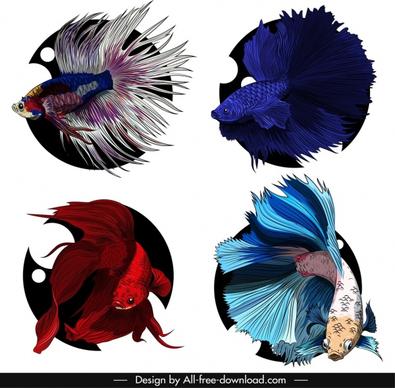 ornamental fish icons colorful sketch swimming species