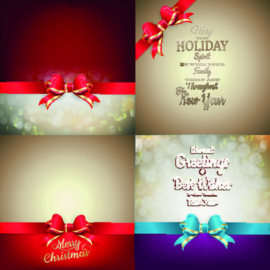 ornate christmas cards with ribbon bow vector set