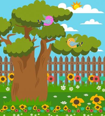 outdoor nature background bird icons colorful cartoon design