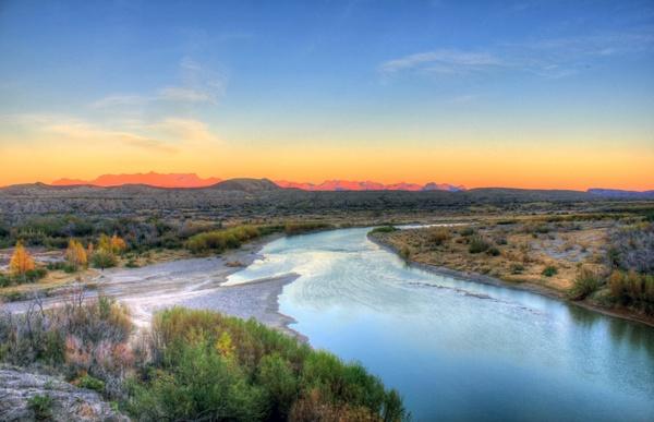 overview of the rio grande at dusk at big bend national park texas