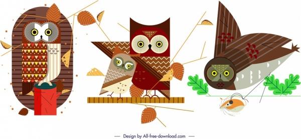 owl animal icons sets classical flat sketch