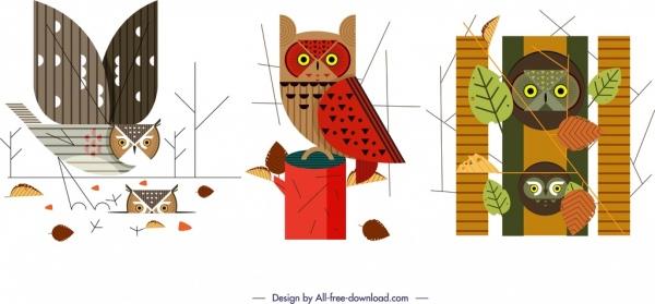owl animals icons sets colorful classical sketch