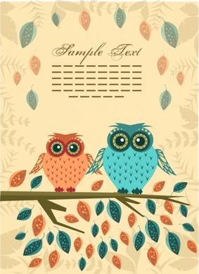 owl couple background colorful leaves ornament cartoon style