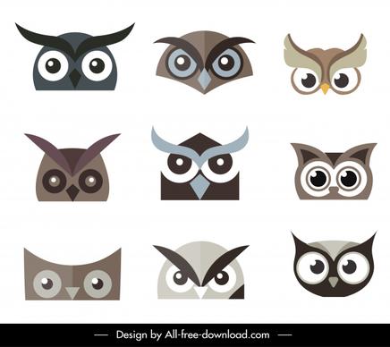 owl faces icons flat symmetric design