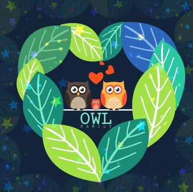 owl family background multicolored leaf decoration cartoon design