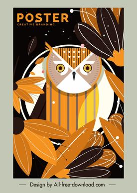 owl flowers poster colored flat retro decor