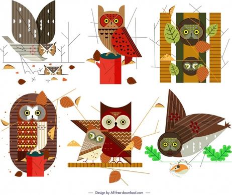 owl icons collection colorful classical flat sketch