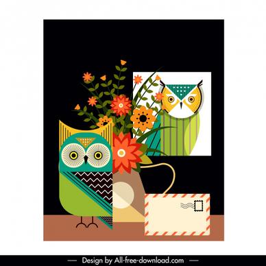 owl painting flowerpot envelope decor colorful flat classic