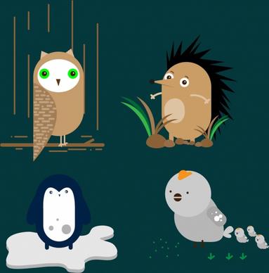 owl penguin chicken porcupine icons cute cartoon design