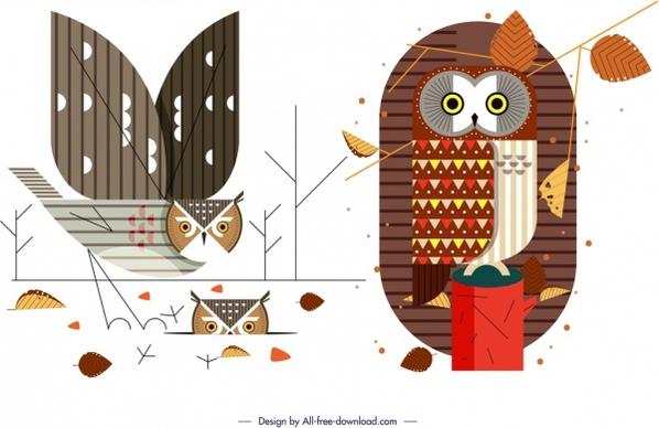 owl wild animal icons colorful flat sketch