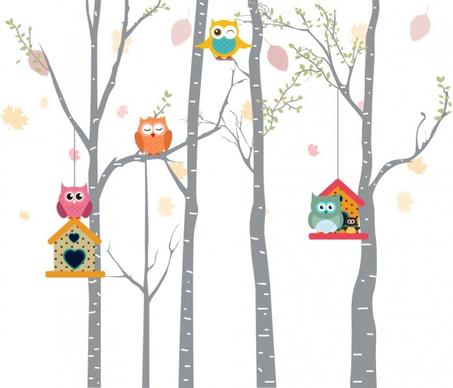 owls background colorful cartoon decoration bird nest icons