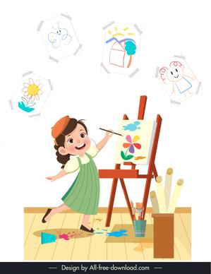 painting backdrop dynamic little girl cartoon