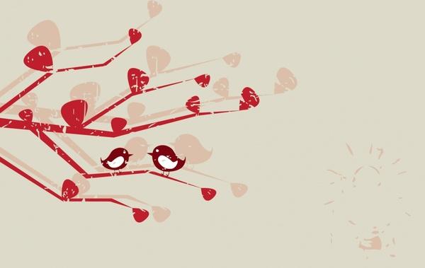 love painting tree birds icons red retro flat sketch