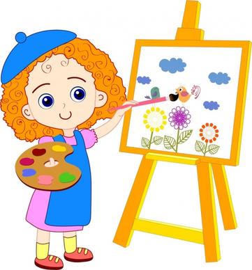 painting girl drawing colored cartoon cute girl icon
