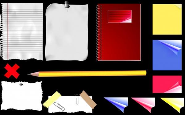 stationery design elements paper pencil clip notebook icons