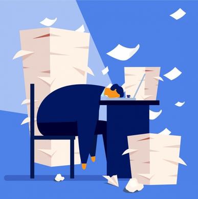 paper work background exhausted man desk icons