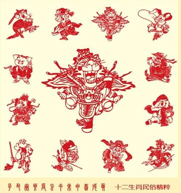 papercut style of beijing opera 12 zodiac vector