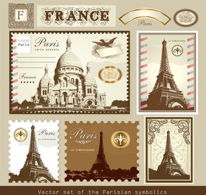 paris stamps templates retro design landscapes sketch