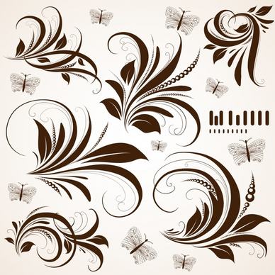 pattern design elements flowers feather icons classical curves