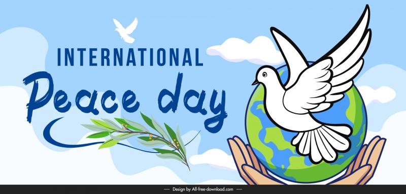   peace day poster template  handdrawn pigeon globe hands cloudy sky