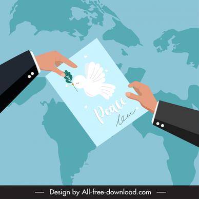  peace negotiation agreement backdrop template flat hands dove card world map sketch